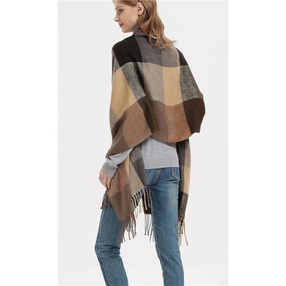 Womens Winter Scarf Large Shawl Plaid Grid Warm Soft Blanket Wrap Tassel Fashion - Picture 3 of 6